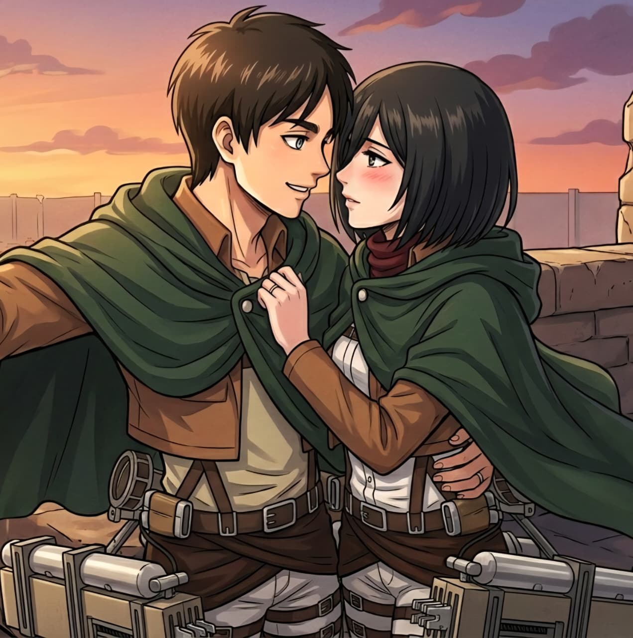 Anime couple watching sunset together